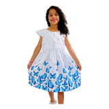 Vestido Menina Infantil Borboleta Azul E Branco Manguinha