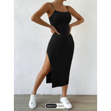 Vestido Midi Feminino Alcinha Elegante Fashion Fenda Esquerd
