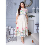 Vestido Midi Luxo Lese Bordado Com Otão Gola Manga Curto