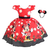 Vestido Minnie Vermelha Festa Infantil Luxo Poá Tiara Brinde