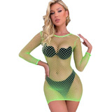 Vestido Sexy Meia De Corpo Fantasia Erótica Verde Neon Rede