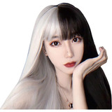 Wig Longa Lisa Preta/branca P/ Cosplay Cruella E-girl Serie